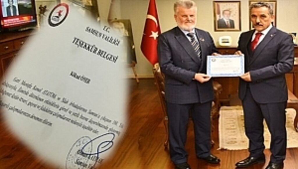 Vali Kaymak'tan Gazeteci Öner'e Teşekkür Belgesi