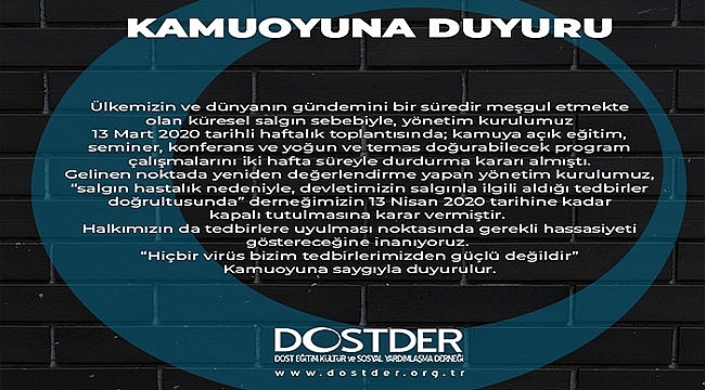 DOSTDER'den Koronavirüs Açıklaması