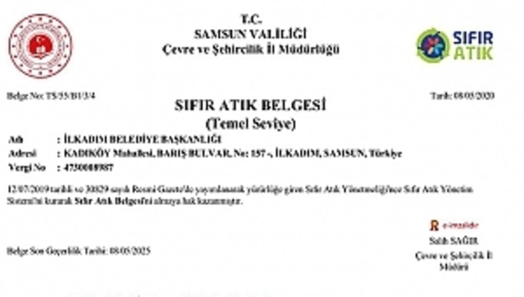 İlkadım Belediyesi "Sıfır Atık Belgesini" Tescilledi