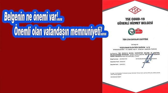 YEDAŞ'a COVİD-19 Güvenli Hizmet Belgesi