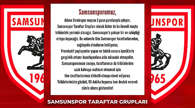 Samsunspor Taraftar Gruplarından Demirspor Maçı Açıklaması!... 